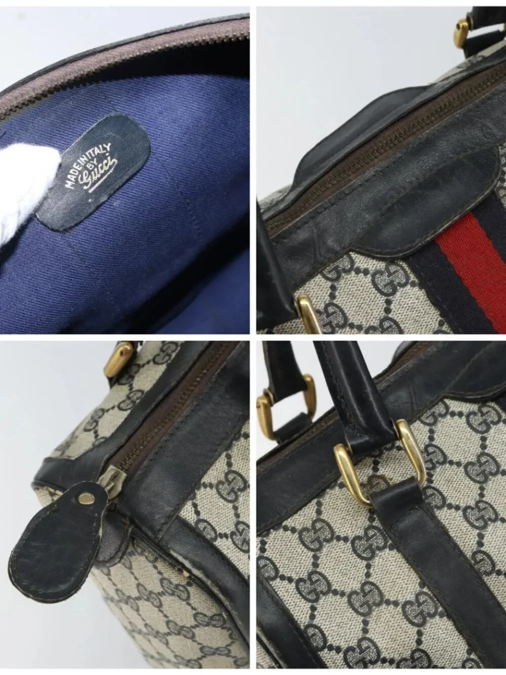 GUCCI GG Supreme Sherry Line Boston Bag PVC Navy Gold Red - Picture 14 of 15